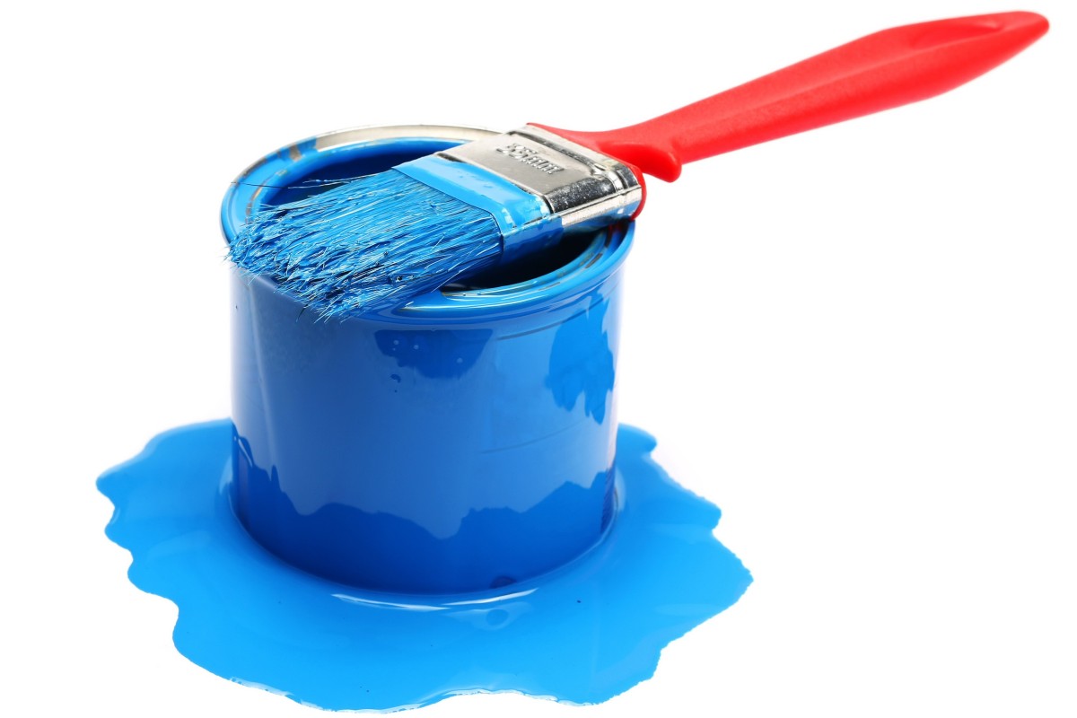 Royalty-free stock photo ID: 1357138589 Open blue paint can with brush isolated on white background