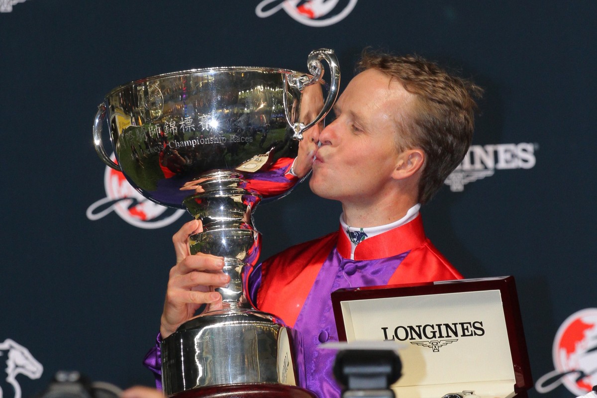 Kerrin McEvoy celebrates his International Jockeys’ Championship victory at Happy Valley in 2013. Photos: Kenneth Chan