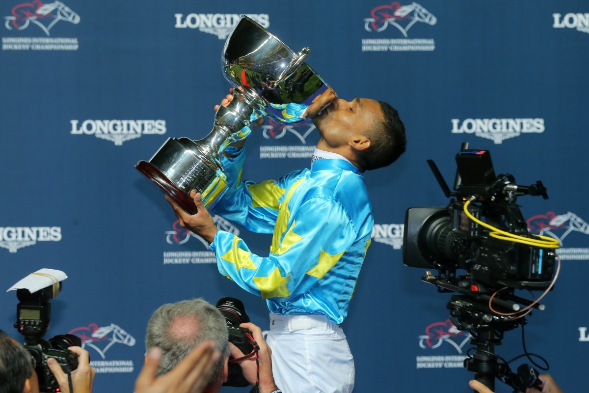 Karis Teetan celebrates his victory in the 2019 International Jockeys' Championship at Happy Valley. Photos: Kenneth Chan