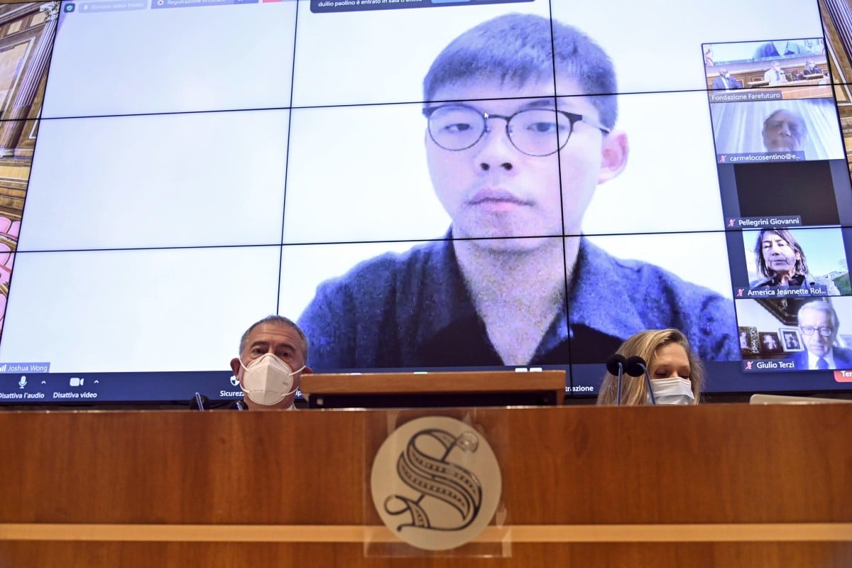 Activist Joshua Wong spoke via video-conference with the Italian senate about the political situation in Hong Kong. Photo: EPA