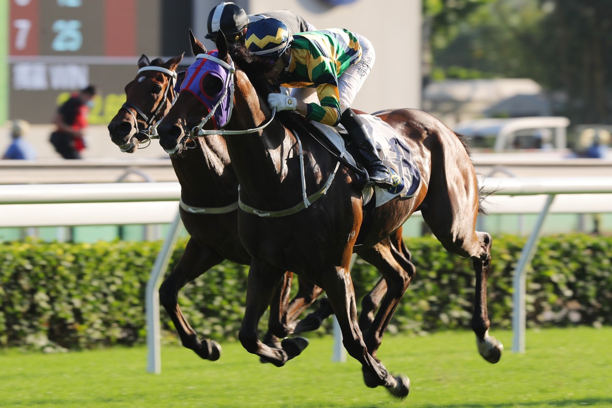 Furore (outside) coasts past Exultant (inside) to win the Jockey Club Cup at Sha Tin on Sunday. Photos: Kenneth Chan