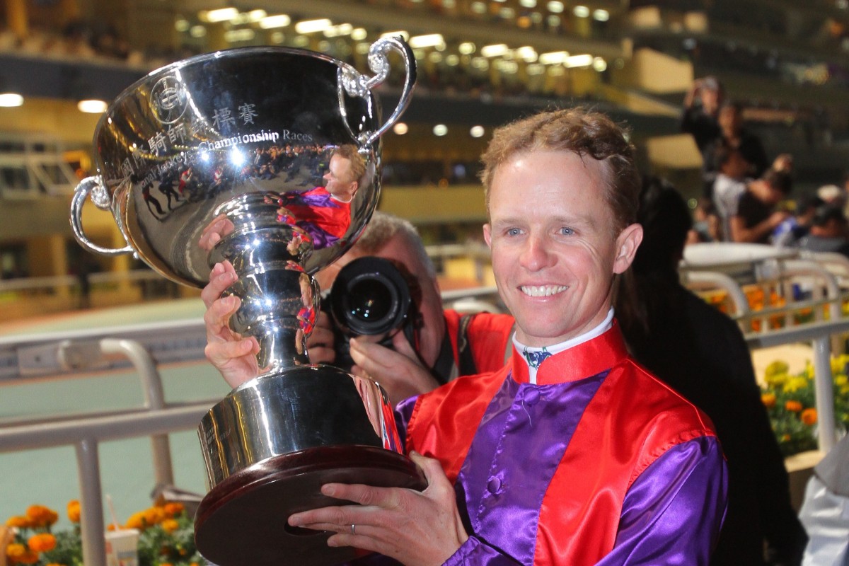 Kerrin McEvoy celebrates his win in the 2013 International Jockeys’ Championship at Happy Valley. Photos: Kenneth Chan