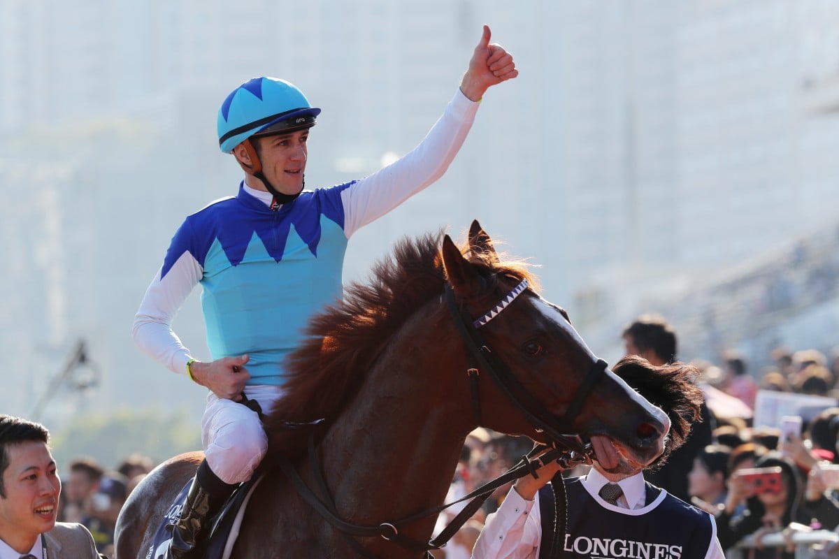 Christophe Soumillon after winning the 2019 Hong Kong Mile with Admire Mars. Photos: Kenneth Chan