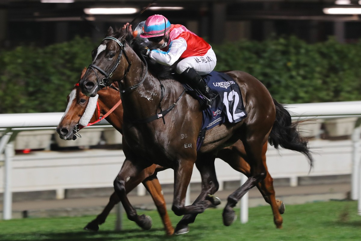 Harmony N Blessed, ridden by Hollie Doyle, wins at Happy Valley on Wednesday night. Photos: Kenneth Chan