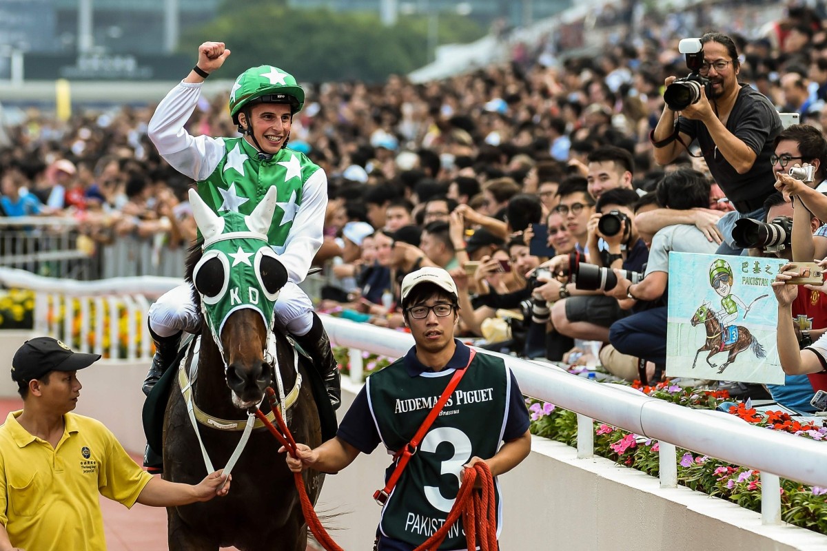 William Buick relishes Pakistan Star’s win in the Group One QE II Cup at Sha Tin in 2018. Photo: AFP