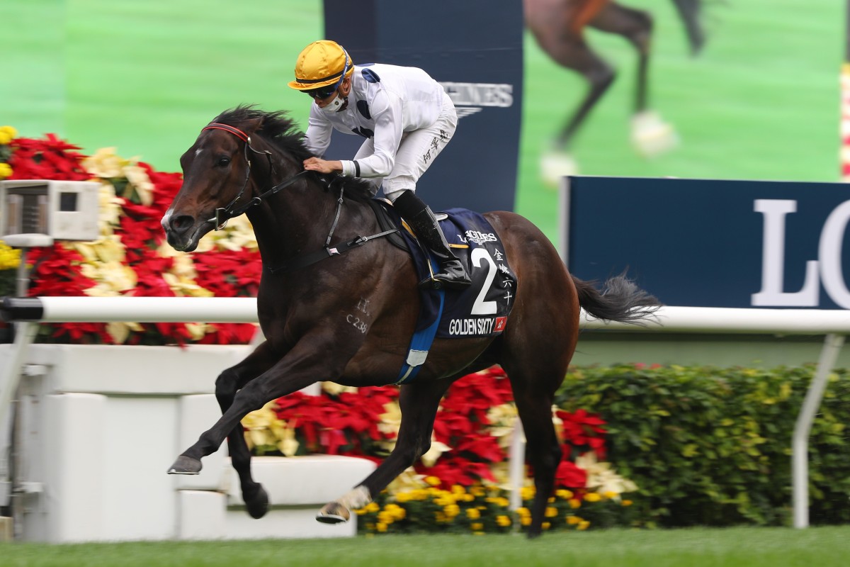 Golden Sixty is eased down to win the Hong Kong Mile comfortably at Sha Tin on Sunday. Photos: Kenneth Chan