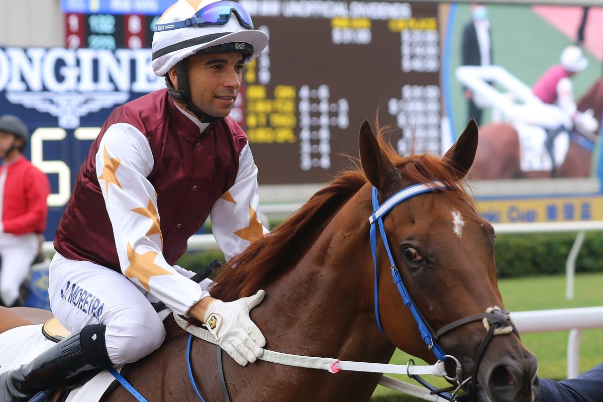 Joao Moreira gives Forte a pat after their victory last month. Photos: Kenneth Chan
