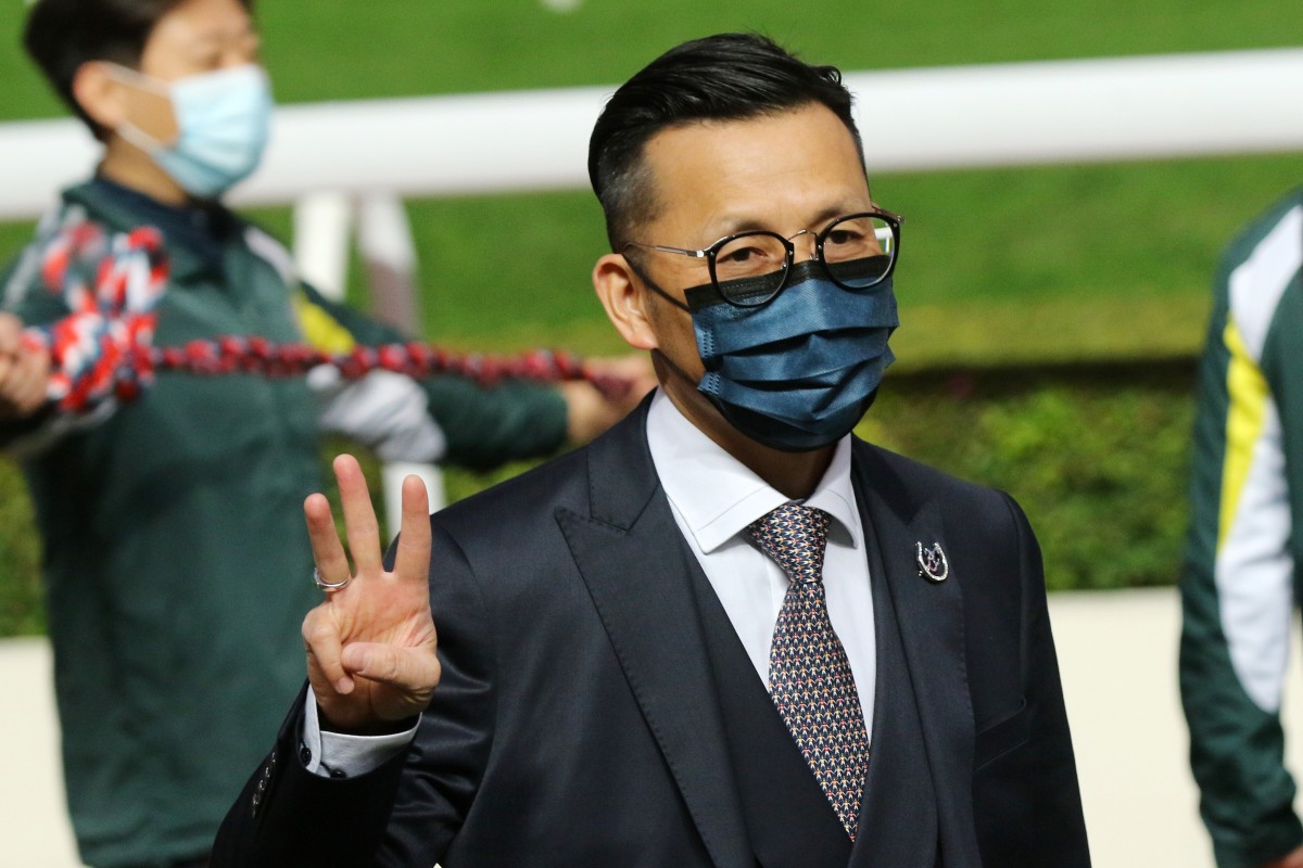 Frankie Lor celebrates his treble at Sha Tin yesterday. Photos: Kenneth Chan