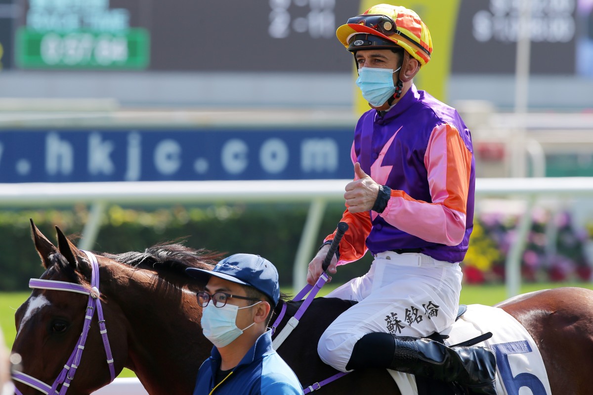 Christophe Soumillon returns after winning aboard Bella Baby at Sha Tin on Sunday. Photos: Kenneth Chan