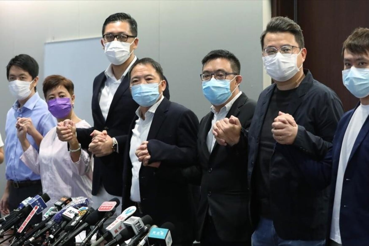 Democratic Party members (from left) Ted Hui Chi-fung, Helena Wong Pik-wan, Lam Cheuk-ting, Wu Chi-wai, James To Kun-sun, Andrew Wan Siu-kin and Kwong Chun-yu in August 2020. Photo: SCMP/ May Tse