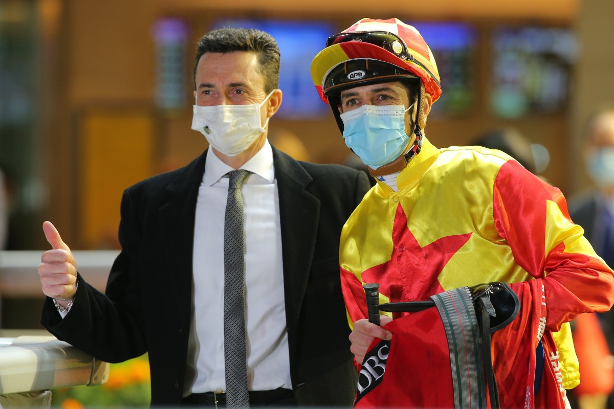 Douglas Whyte and Christophe Soumillon celebrate Savvy Nine’s win in the January Cup. Photos: Kenneth Chan