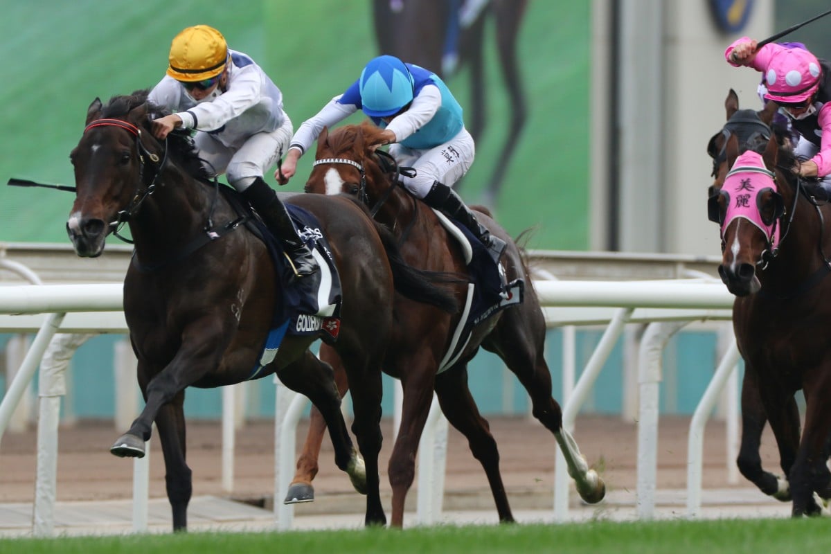 Golden Sixty (left) dashes clear to win the Hong Kong Mile in December. Photos: Kenneth Chan