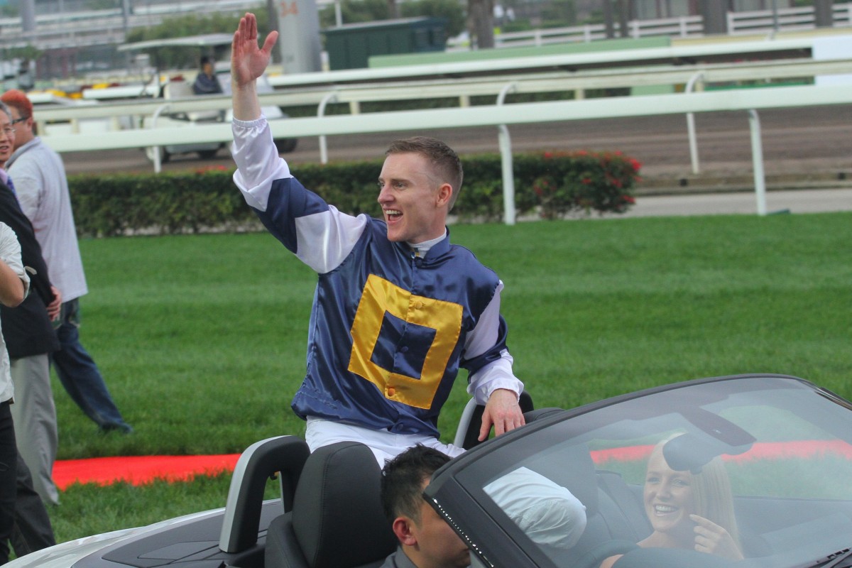 Zac Purton celebrates his 2015 Hong Kong Derby win aboard Luger. Photos: Kenneth Chan
