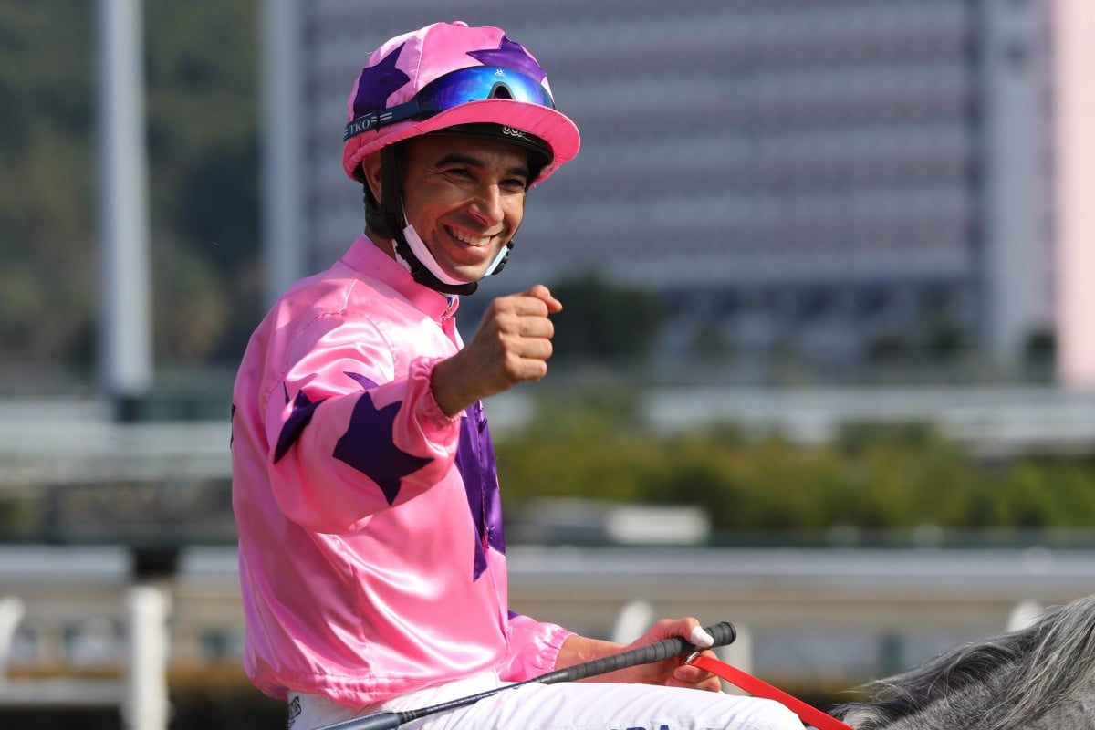 Joao Moreira celebrates his Group One victory aboard Hot King Prawn on Sunday. Photos: Kenneth Chan