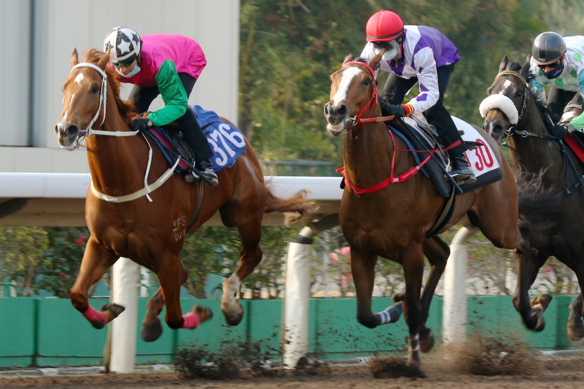 Joyful Fortune dashes clear in a recent barrier trial under Joao Moreira. Photos: Kenneth Chan