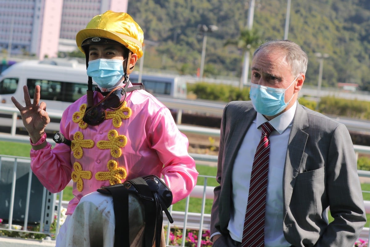 Derek Leung celebrates his treble at Sha Tin on Saturday. Photos: Kenneth Chan