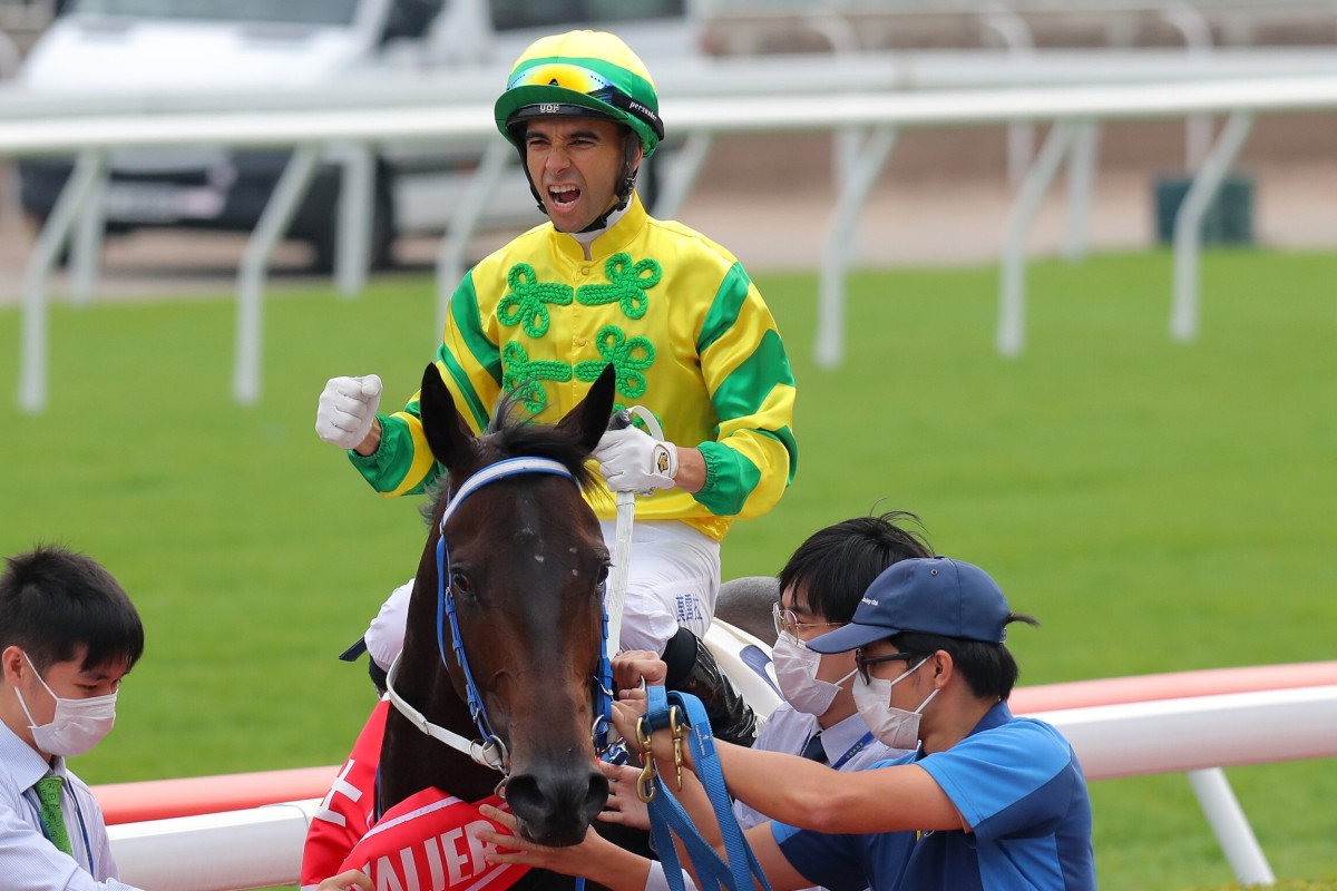 Joao Moreira celebrates his victory aboard Sky Darci. Photos: Kenneth Chan