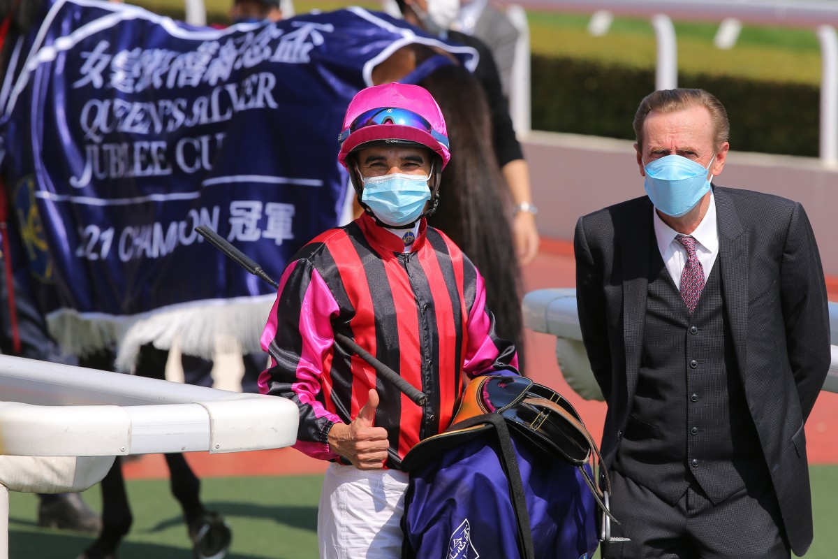 Joao Moreira and John Size celebrate Waikuku’s win in the Group One Silver Jubilee Cup. Photos: Kenneth Chan