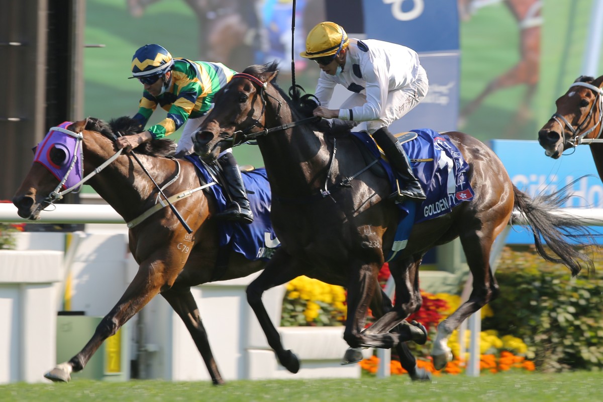 Golden Sixty (outside) fends off Furore (inside) to win the Gold Cup on Sunday. Photos: Kenneth Chan