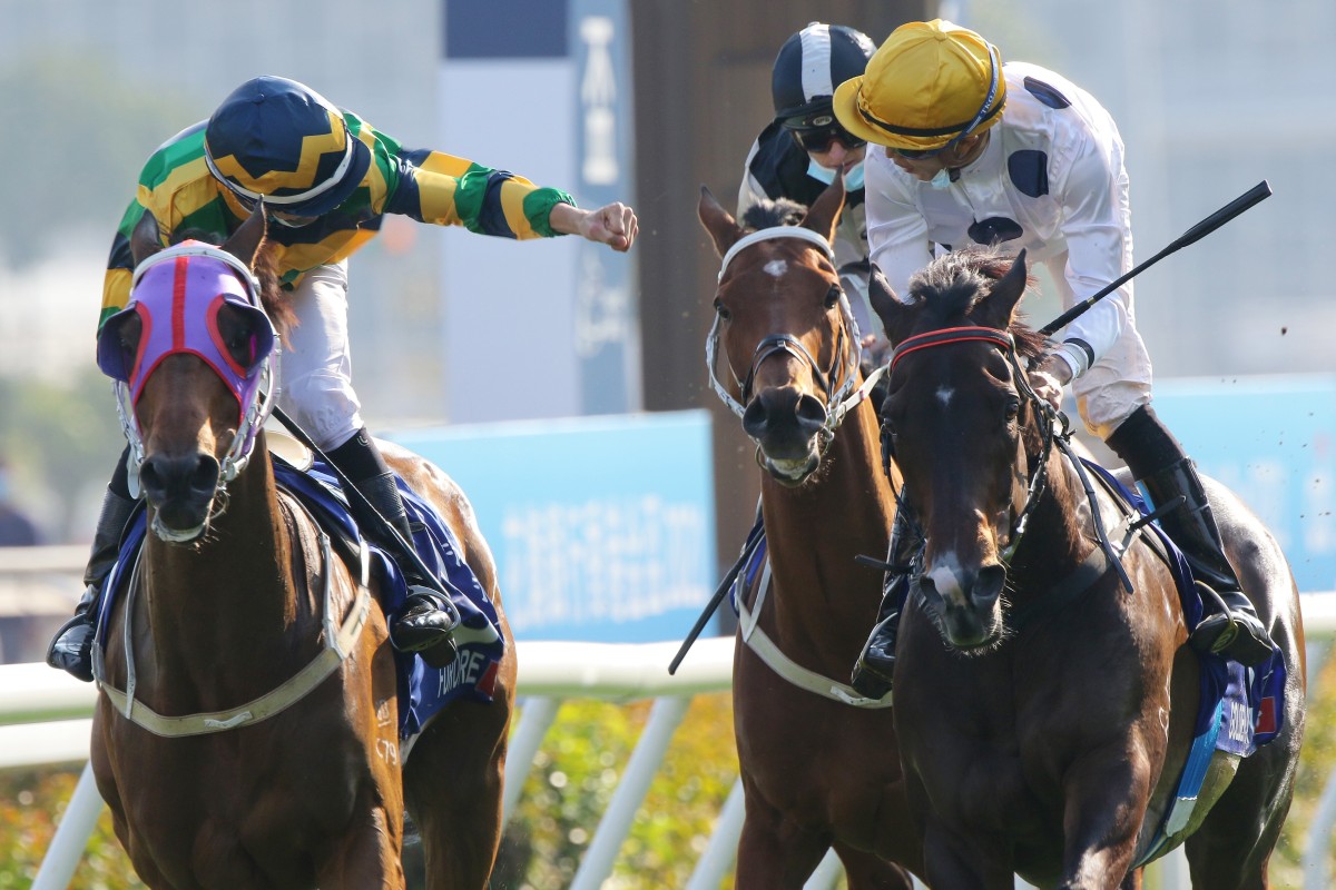 Joao Moreira on Furore tries to give Vincent Ho on Golden Sixty a fist bump after Sunday’s Hong Kong Gold Cup. Photos: Kenneth Chan