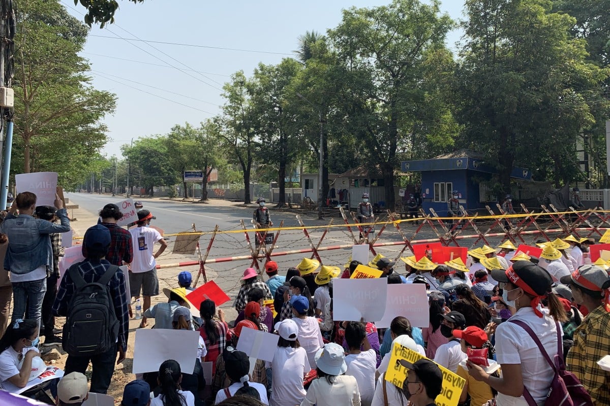 Protestors sit in front of the Chinese embassy due to the CCP’s alleged involvement with the military coup. Photo: Phyo Thiri Thu