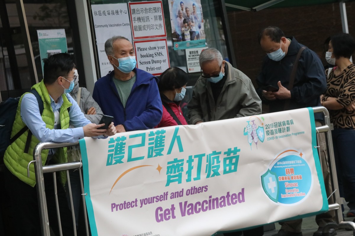 People queue up for the Sinovac vaccination at Tin Fai Road Sports Centre Vaccination Centre in Tin Shui Wai. Photo: SCMP / K. Y. Cheng