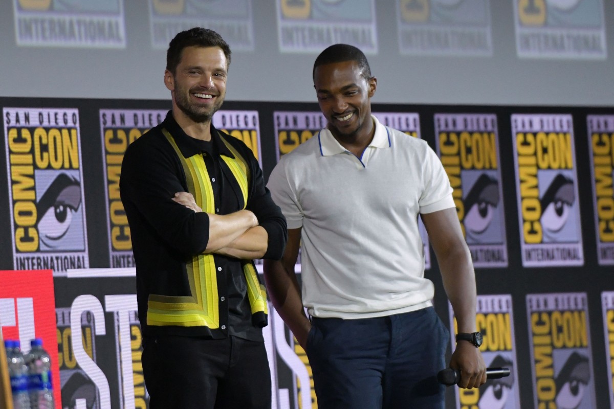 Sebastian Stan and Anthony Mackie speak on stage during Comic Con in San Diego, California in 2019. They star in "The Falcon and the Winter Soldier,” the second Marvel show to hit Disney+. Photo: AFP