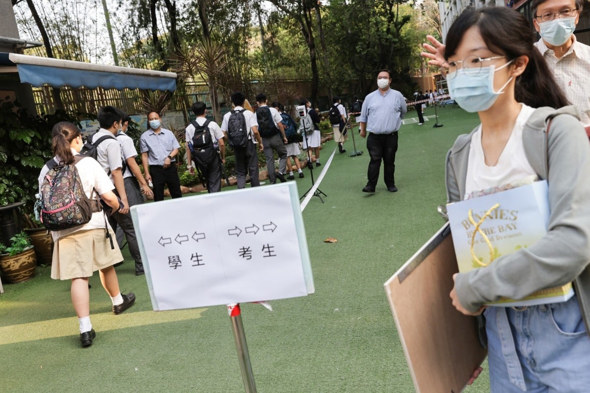 Students line up for the Visual Arts DSE exam at Gertrude Simon Lutheran College in Yuen Long. Photo: SCMP/May Tse