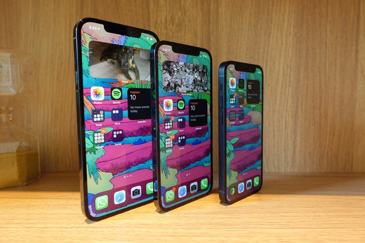 From left to right, the Apple iPhone 12 Pro Max, 12 Pro, and 12 Mini. Screen sizes are 6.7-inches, 6.1-inches, and 5.4-inches respectively. Photo: Ben Sin