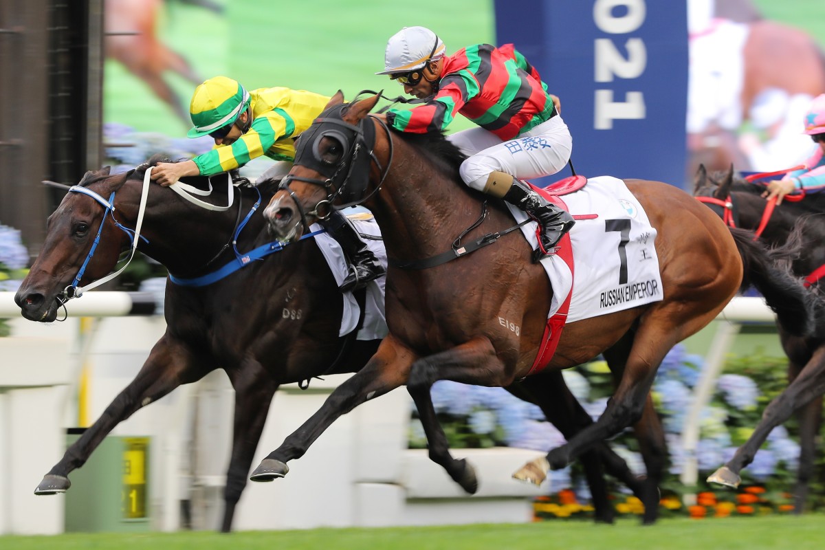 Russian Emperor (right) finishes second to Sky Darci in the Hong Kong Derby. Photos: Kenneth Chan