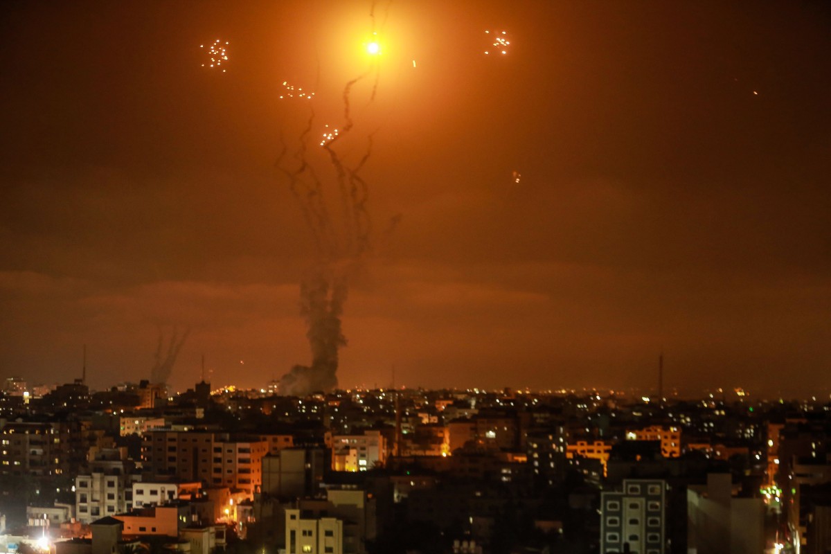 Israel's Iron Dome aerial defence system intercepts rockets fired by the Palestinian Islamist movement Hamas from Gaza towards Israel. Hamas said Monday it launched several rockets at Israel in retaliation for Israeli action at a contested holy site in Jerusalem. Photo: Mohammed Talatene/DPA via ZUMA Press/TNS