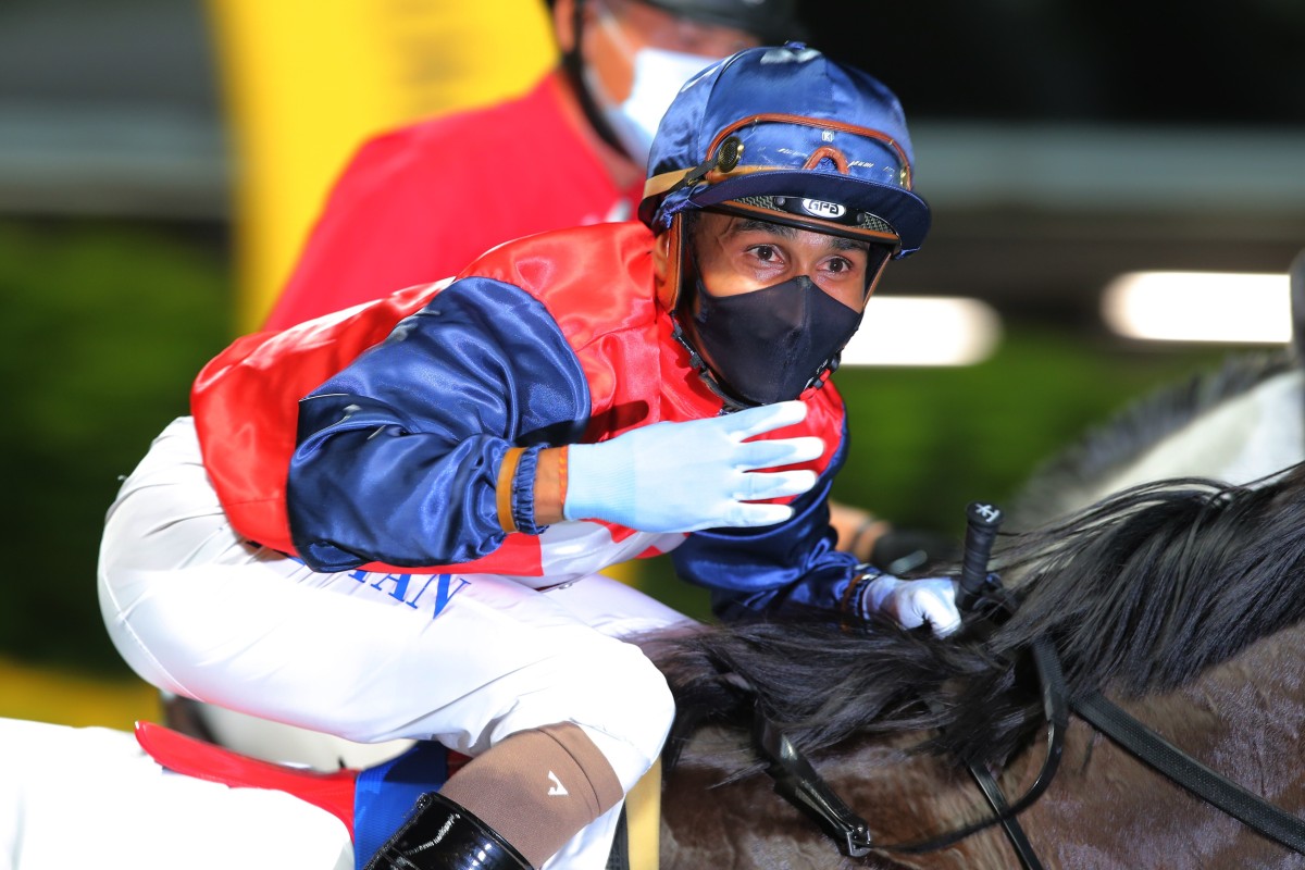 Karis Teetan celebrates his four-timer at Happy Valley on Wednesday night. Photos: Kenneth Chan