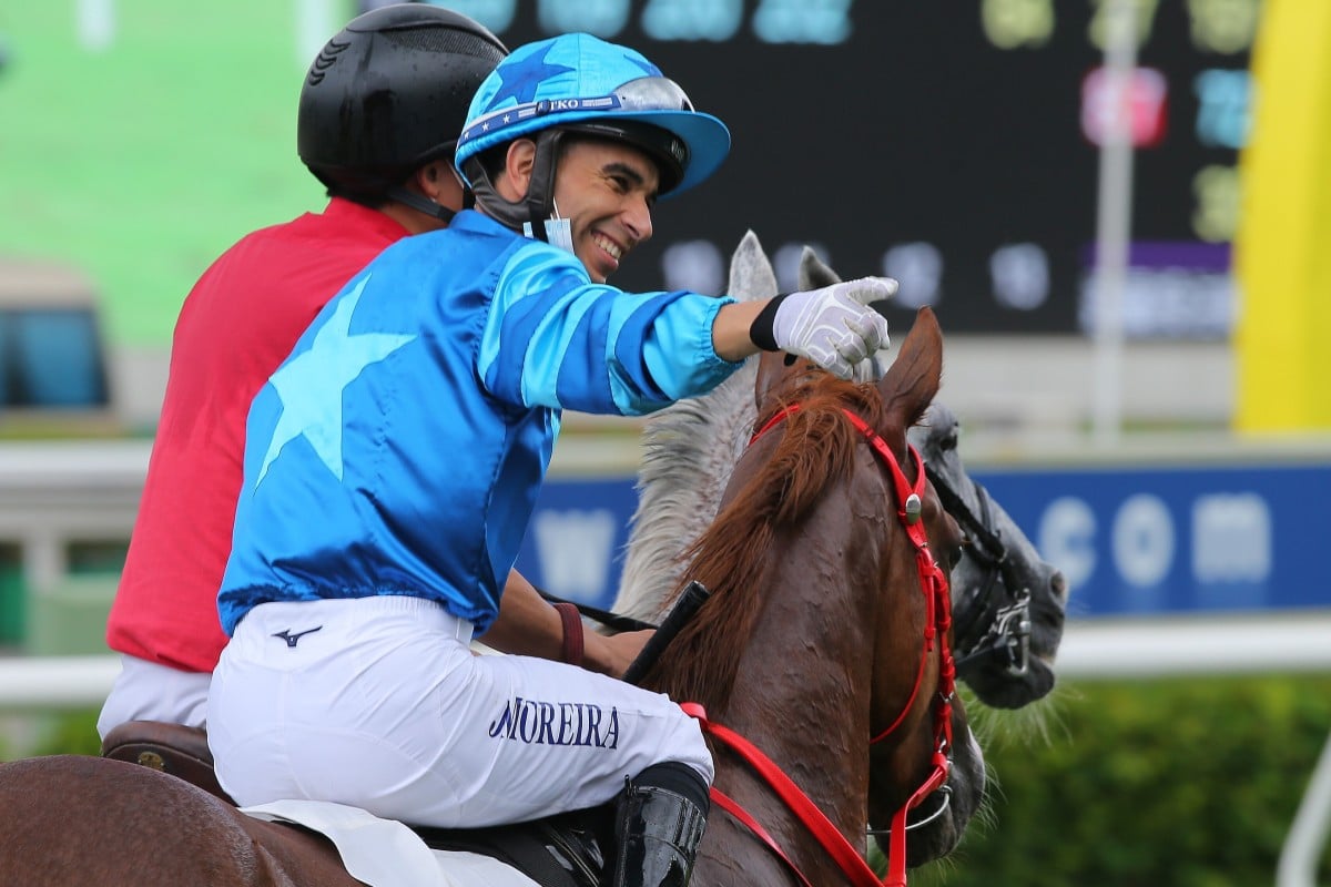 Joao Moreira celebrates a recent victory aboard Master Eight. Photos: Kenneth Chan