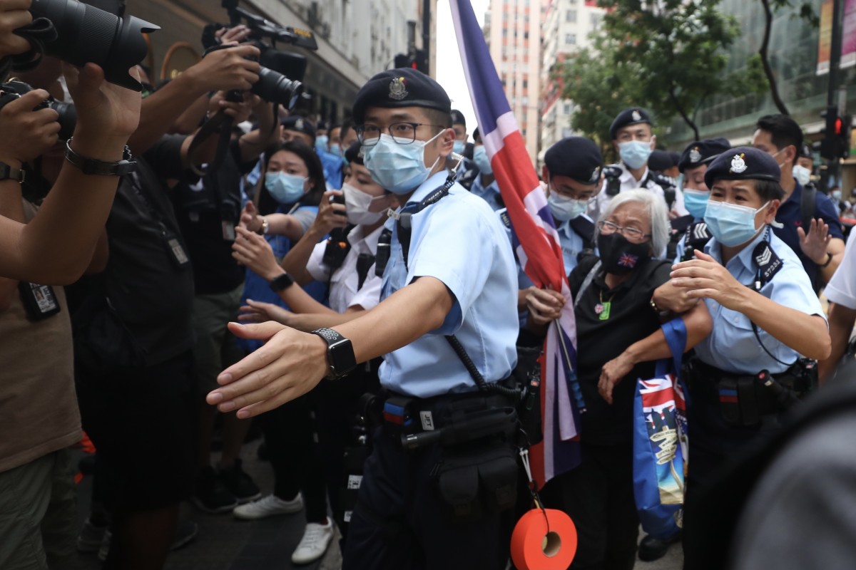 Alexandra Wong, known as "Grandma Wong", was one of few visible protestors in Causeway Bay today. Photo: SCMP/ Xiaomei Chen