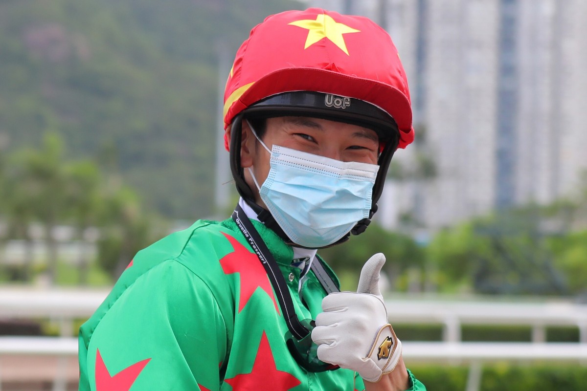Jerry Chau is all smiles after riding his 50th winner this season. Photos: Kenneth Chan