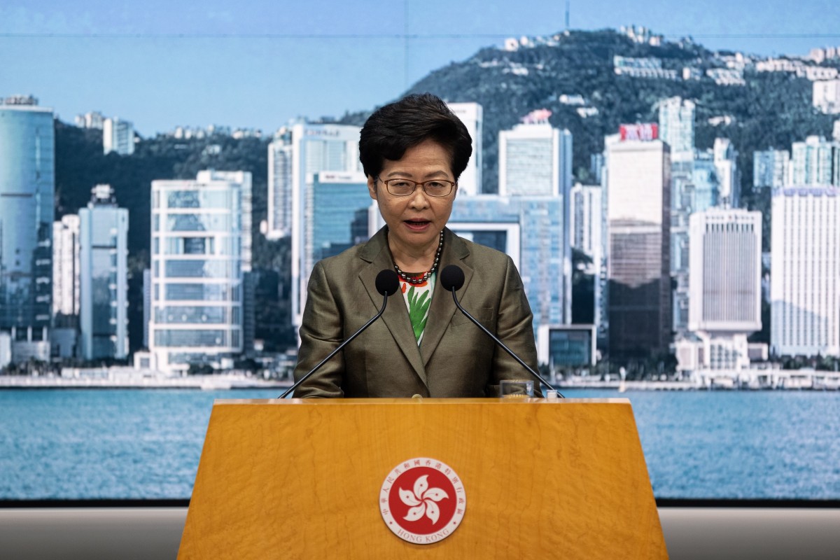 Hong Kong Chief Executive Carrie Lam speaks during a press conference at the Central Government Offices on Tuesday. Photo: EPA