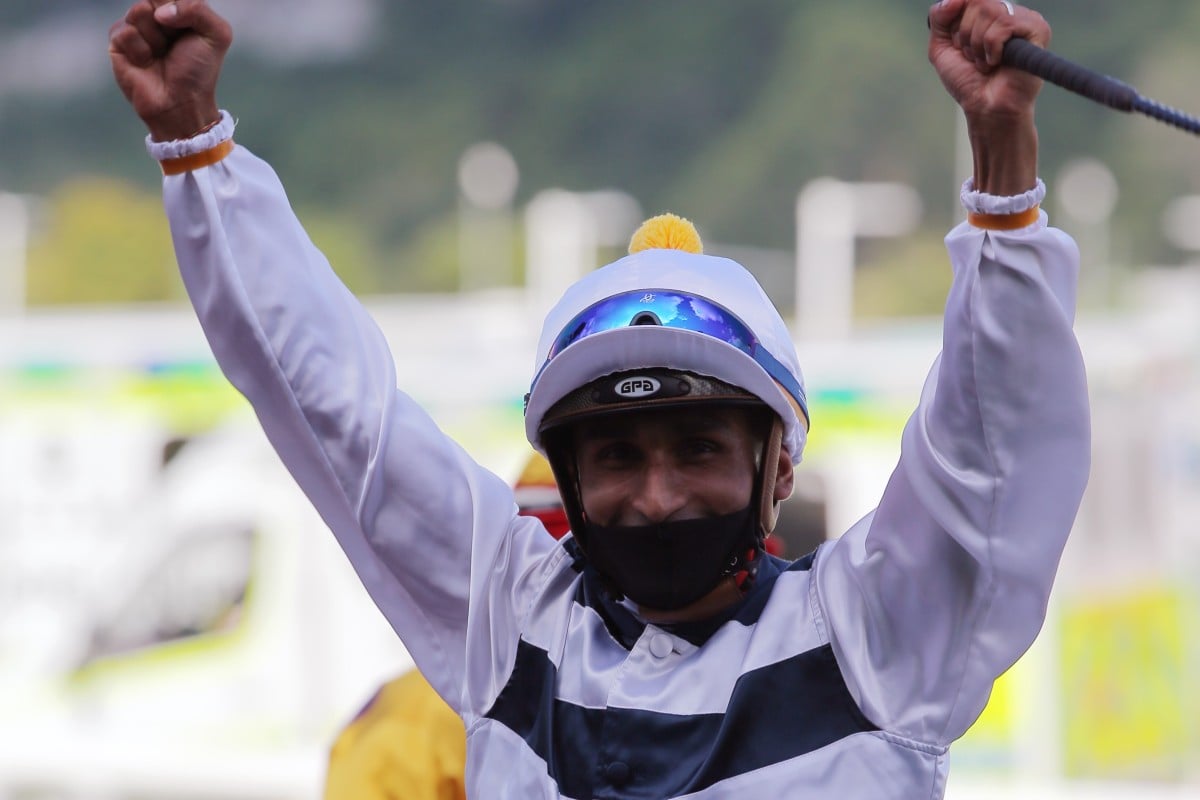 Karis Teetan celebrates his Group One victory aboard Panfield in May. Photos: Kenneth Chan