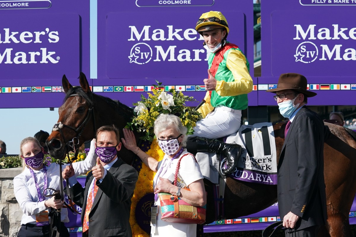 Audarya and Pierre-Charles Boudot win the Breeders Cup Filly and Mare Turf with trainer James Fanshawe (right). Photo: RACINGFOTOS.COM