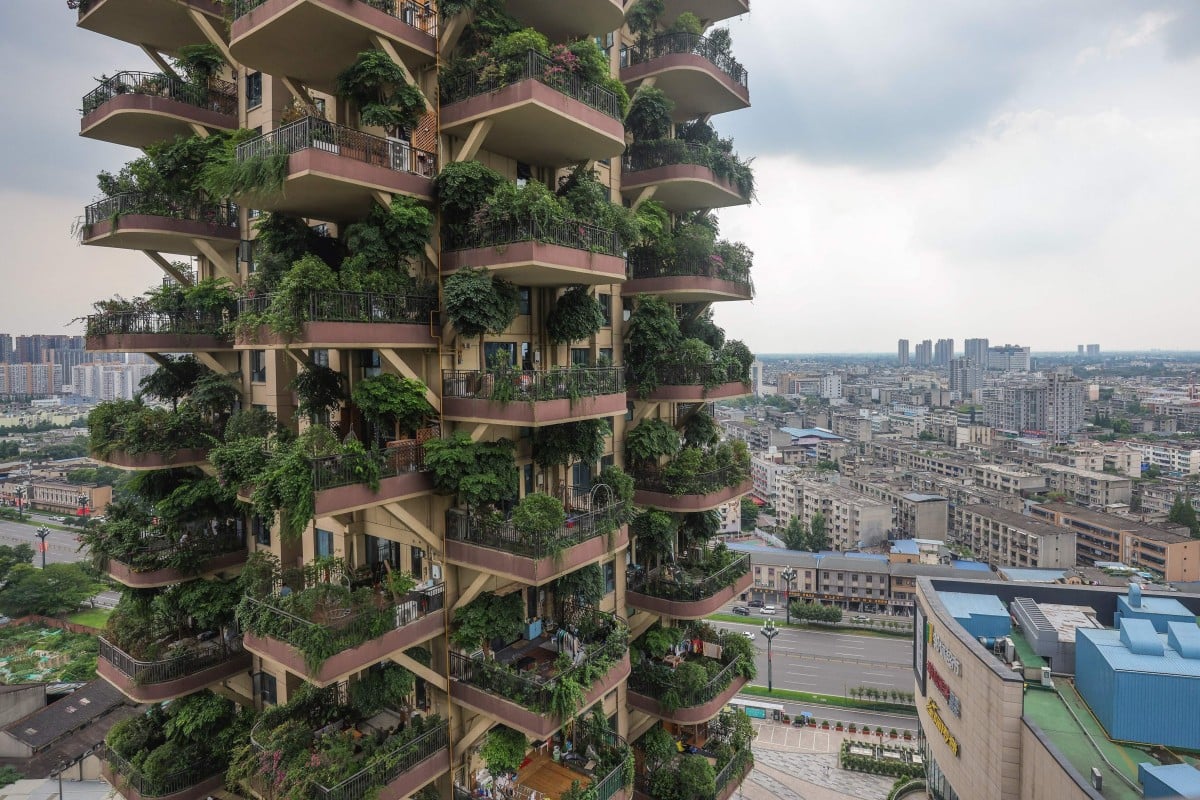 An apartment block with balconies covered with plants in Chengdu, China is just one example of how cities around the world are trying to incorporate green spaces into urban areas. Photo: AFP