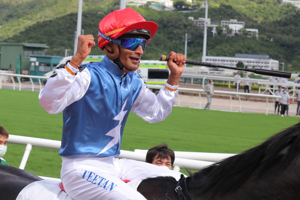 Karis Teetan celebrates Naboo Attack’s win in the Class One HKSAR Chief Executive’s Cup at Sha Tin on Sunday. Photos: Kenneth Chan