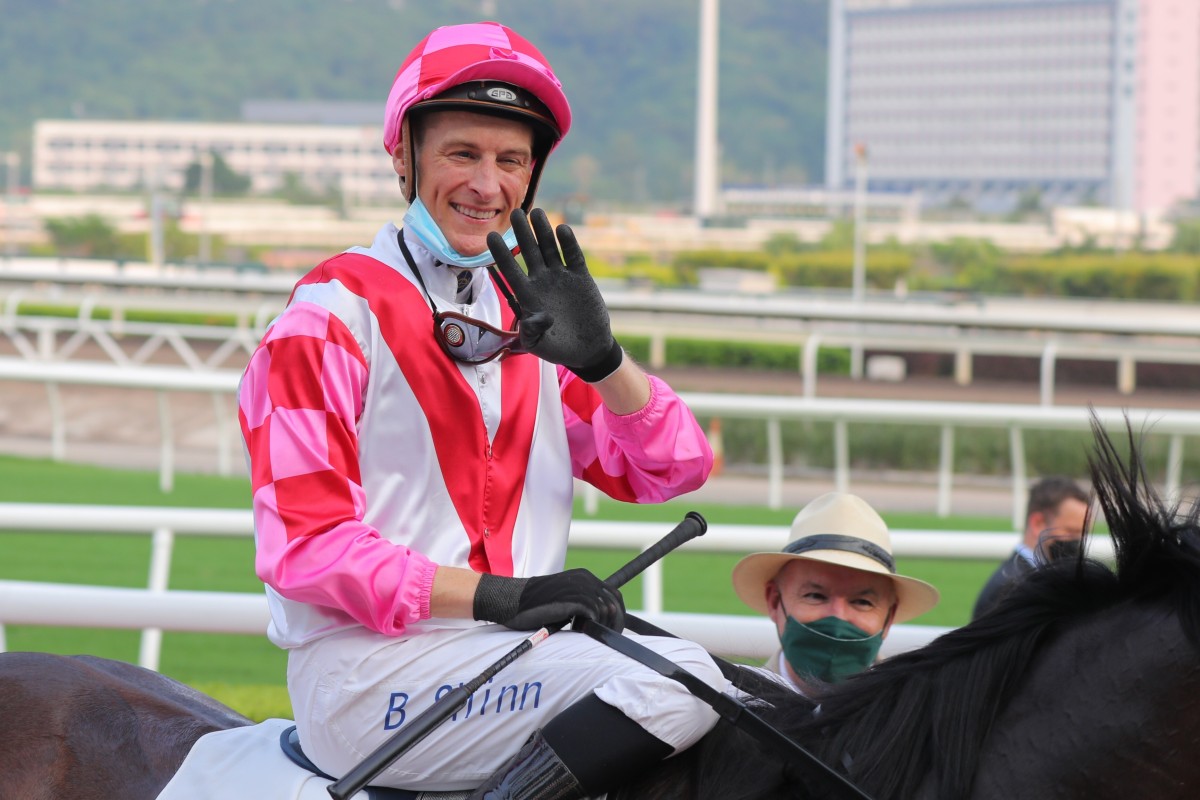 Blake Shinn is all smiles after completing his four-timer aboard Super Wealthy. Photo: Kenneth Chan