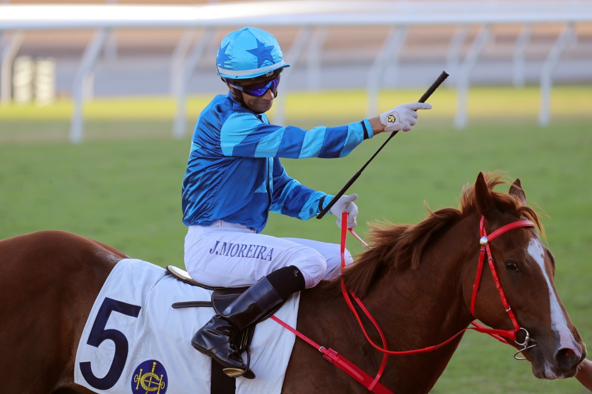 Joao Moreira salutes after a winner this season. Photos: Kenneth Chan