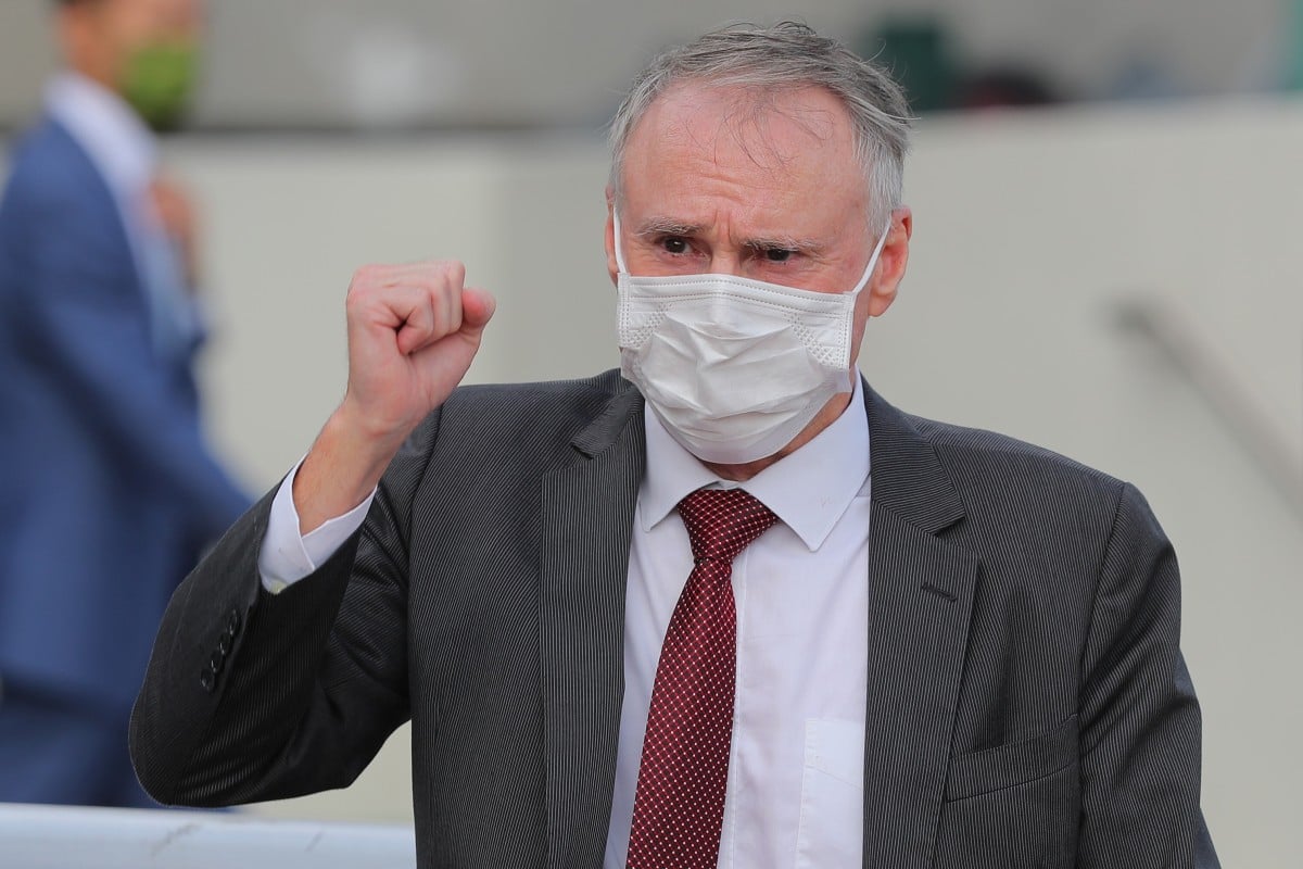 Paul O’Sullivan celebrates Snowalot’s victory at Sha Tin on Sunday. Photos: Kenneth Chan