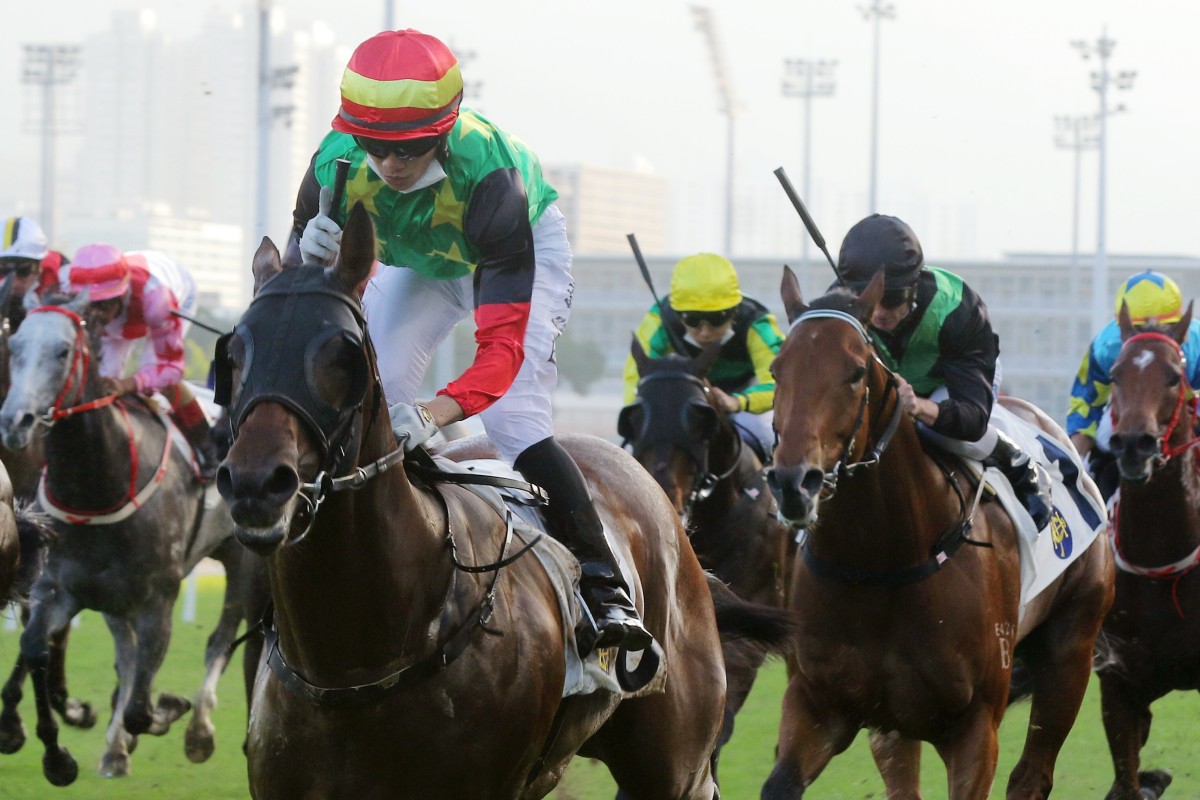 Jerry Chau guides Cordyceps Six to victory at Sha Tin on Sunday, beating boom sprinter Nervous Witness. Photos: Kenneth Chan