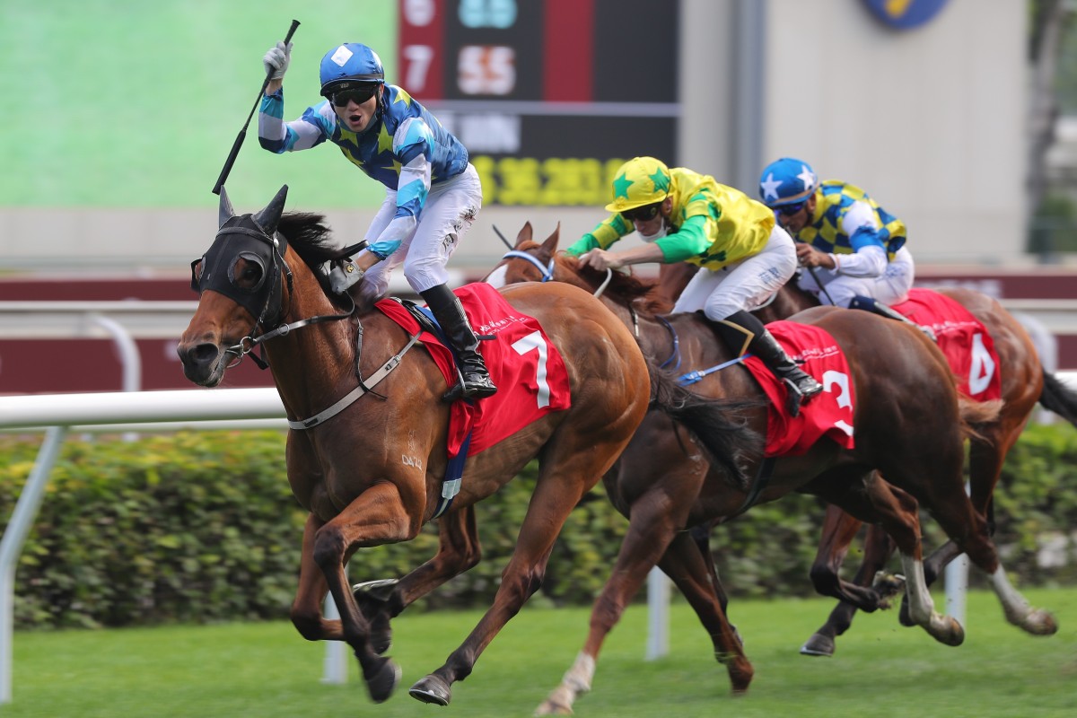 Jerry Chau celebrates as Lucky Patch takes out the Group Two Jockey Club Sprint. Photos: Kenneth Chan