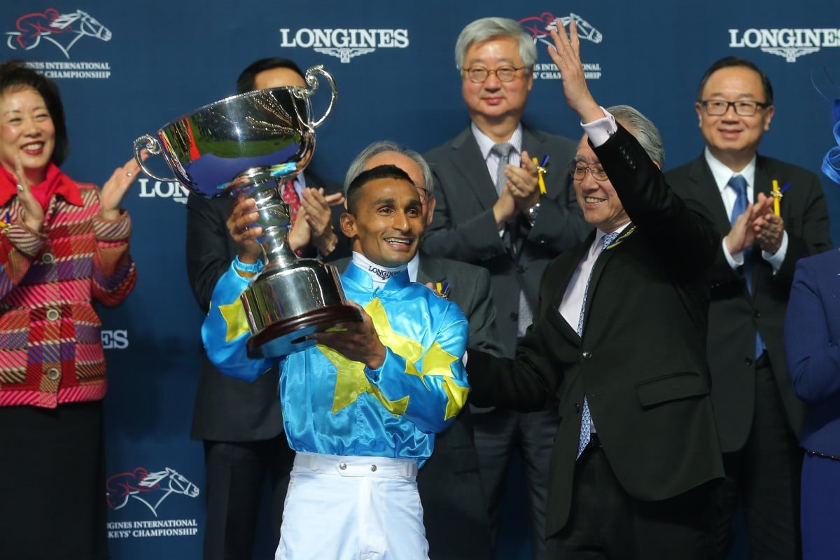 Karis Teetan celebrates winning the 2019 International Jockeys’ Championship. Photo: Kenneth Chan