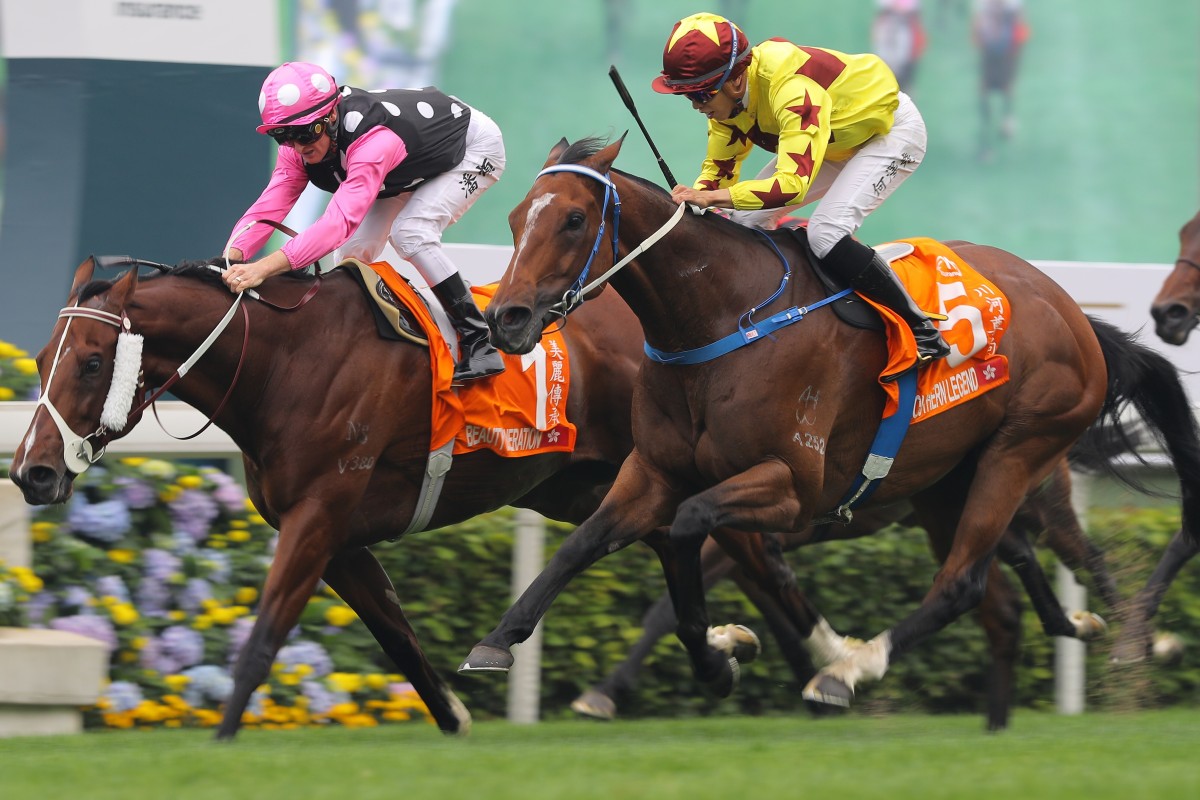 Southern Legend (outside) defeats Beauty Generation to win the Champions Mile. Photo: Kenneth Chan