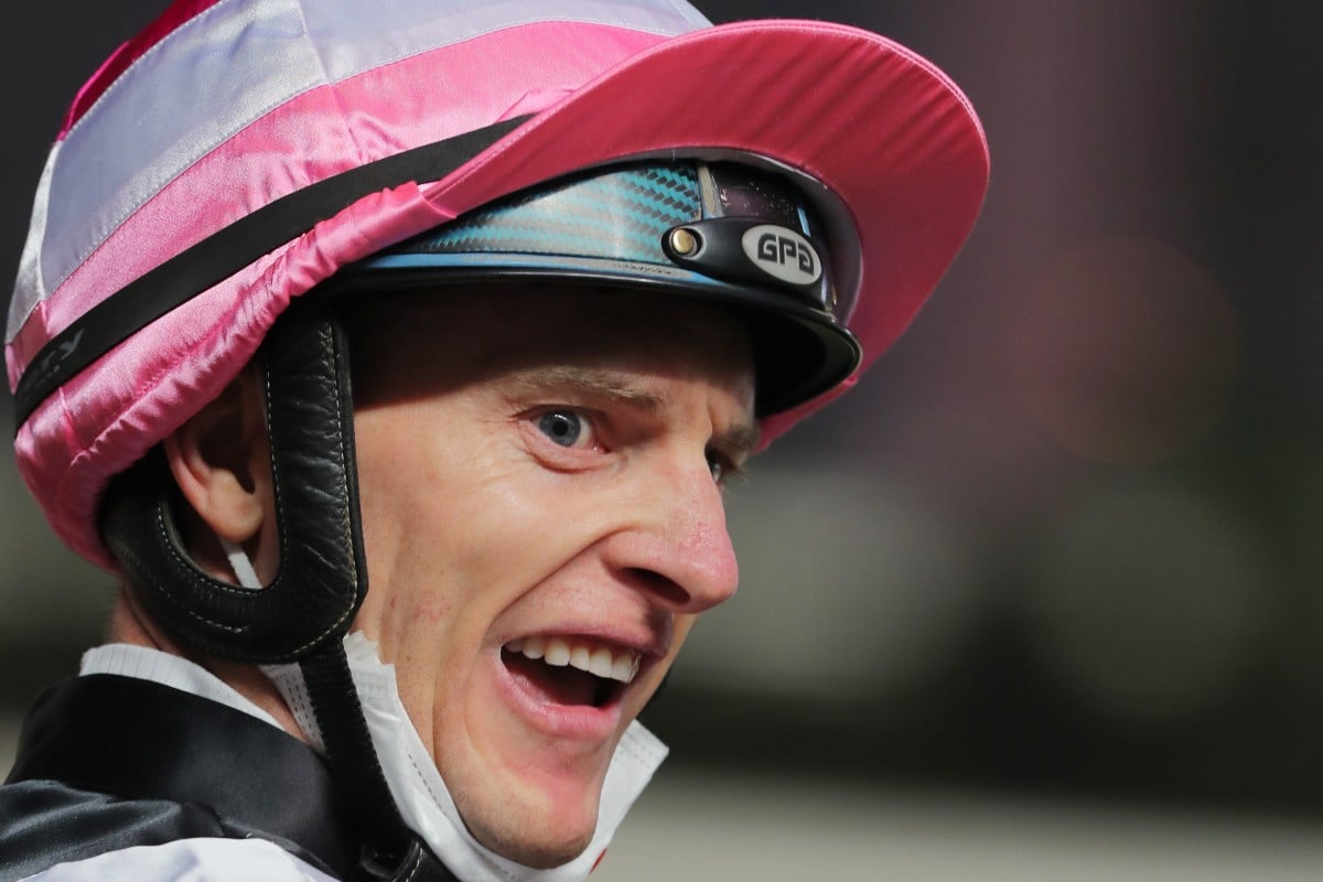 An animated Zac Purton after breaking Douglas Whyte’s prize-money record. Photos: Kenneth Chan