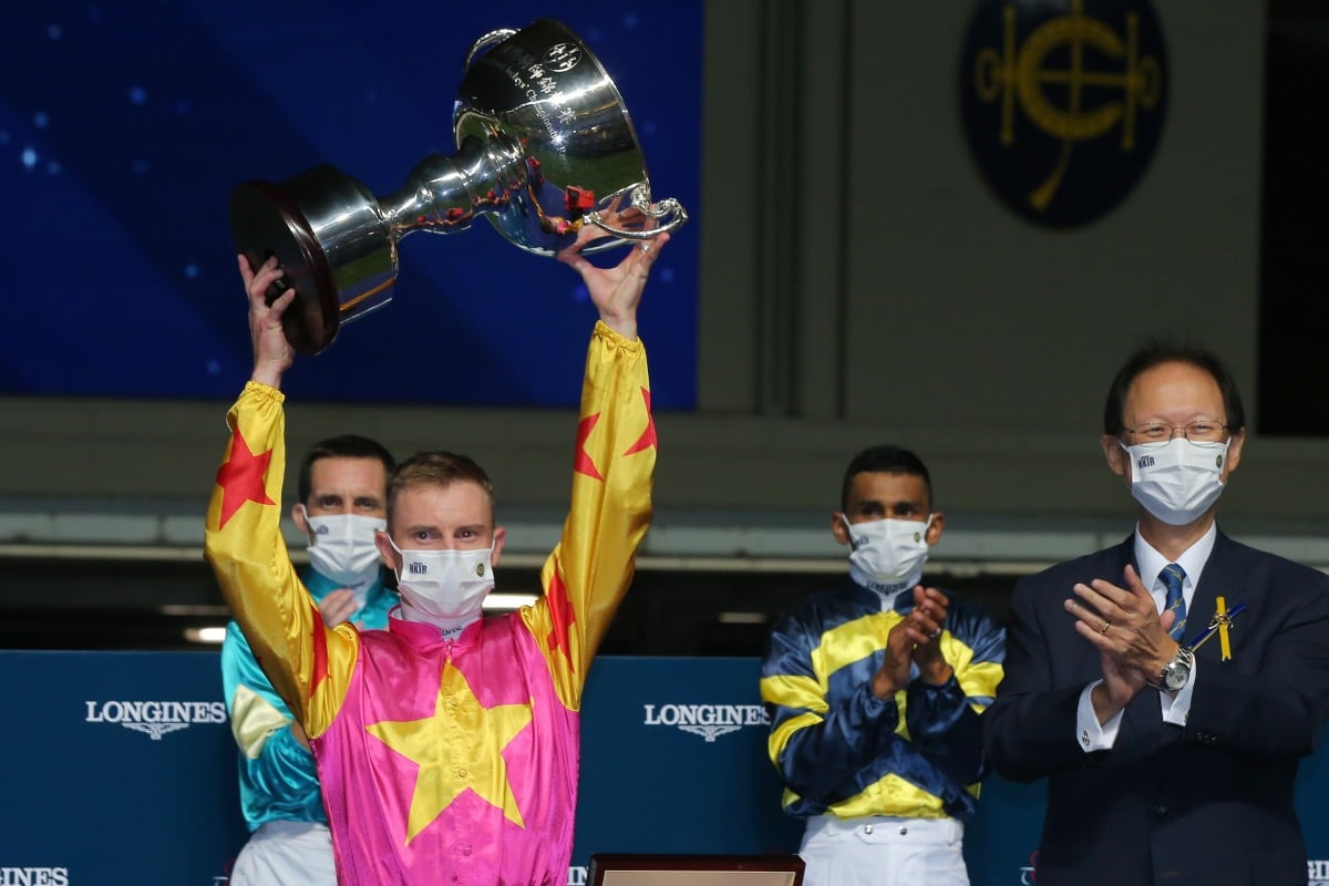 Zac Purton celebrates his win in the 2020 International Jockeys’ Championship. Photo: Kenneth Chan