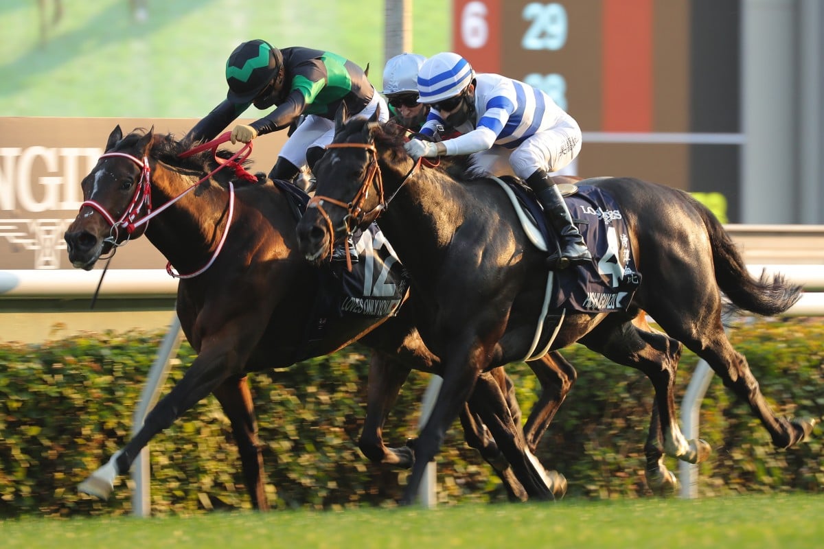 Yuga Kawada drives Loves Only You (left) to victory over Joao Moreira and Hishi Iguazu in Sunday’s Hong Kong Cup. Photos: Kenneth Chan